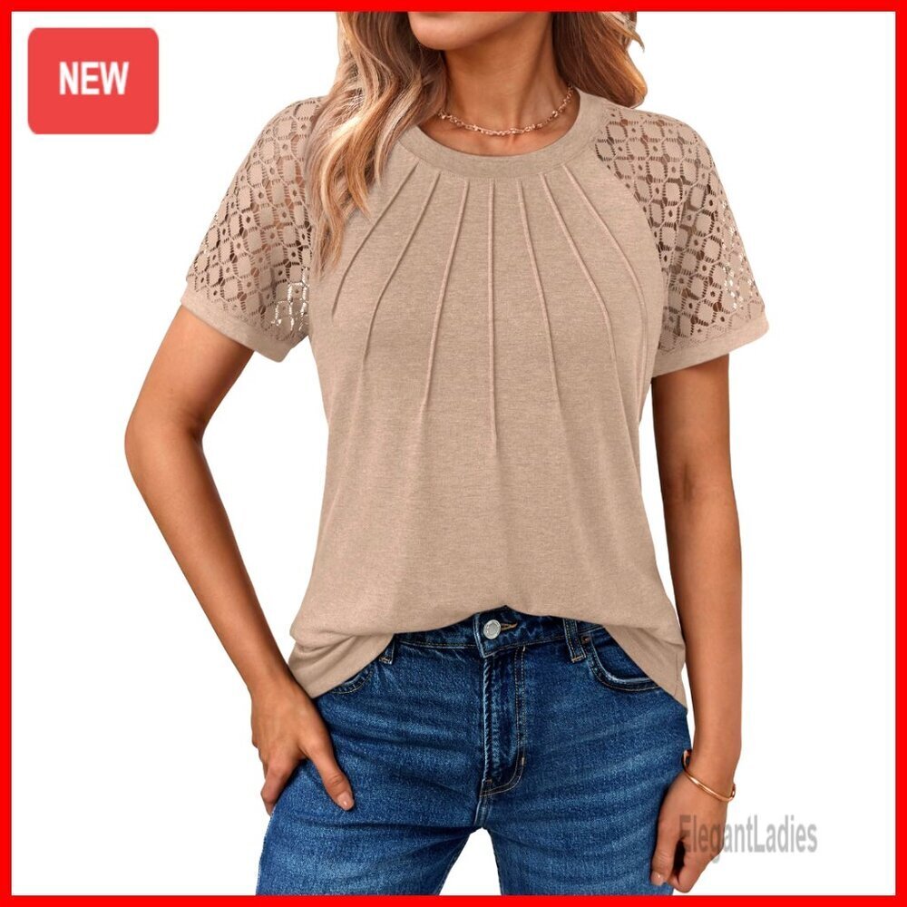Lace Short Sleeve Blouse, Business Casual Top with Front Seam Detail